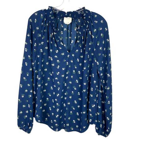 HARPER HERITAGE Womens M Blue Floral Smocked V-Neck Peasant Boho Blouse - Picture 1 of 10